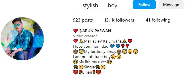 Instagram bio for boys example account 1