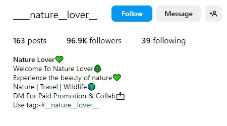 Nature bio for instagram example sample